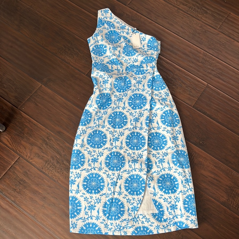 $268 Hermoza Charlotte One Shoulder Medallion Print Wrap Midi Dress Blue S - Picture 6 of 15